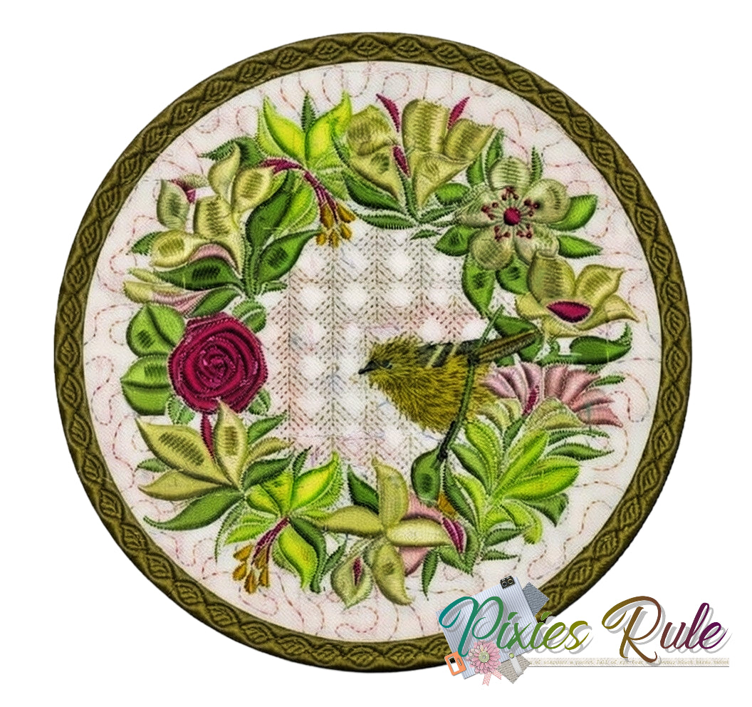 Baby Oriole Wreath Mug Mat 6x6 Machine Embroidery Design by Pixies Rule