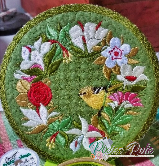 Baby Oriole Wreath Mug Mat 6x6 Machine Embroidery Design by Pixies Rule