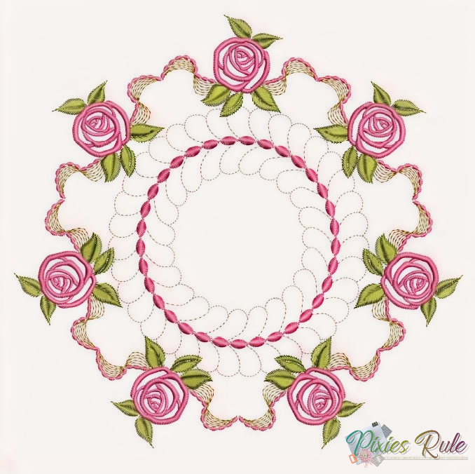 Embroidered design with pink roses and green leaves on a white background