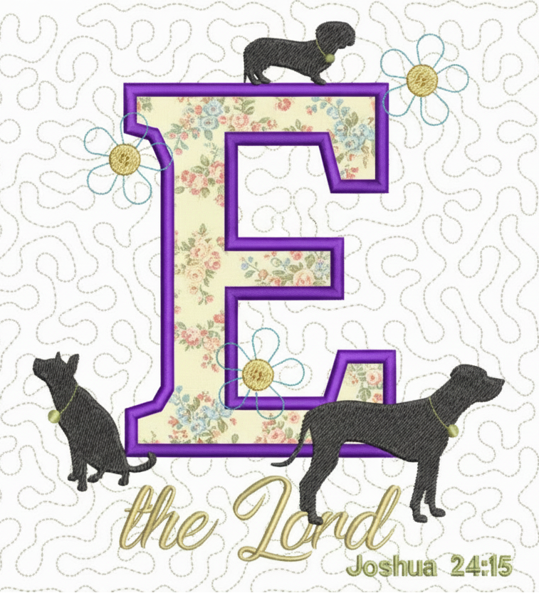 Letter 'E' with dog silhouettes and flowers on a quilted background