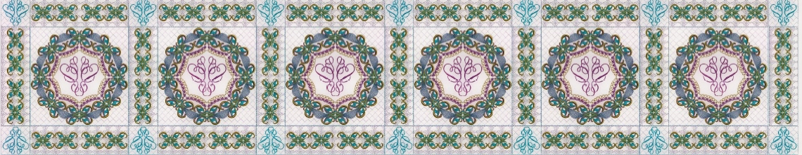 Decorative bed runner with floral patterns in green, pink, and blue on a white background