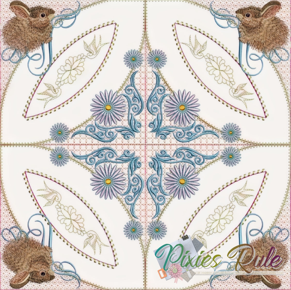 Bunny Dance Quilt 8x8 Machine Embroidery Design by Pixies Rule