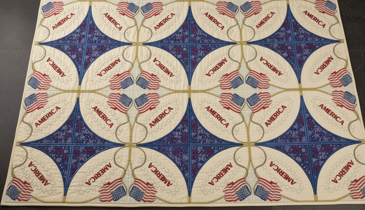Decorative mat with American flag design and 'America' text on a dark surface