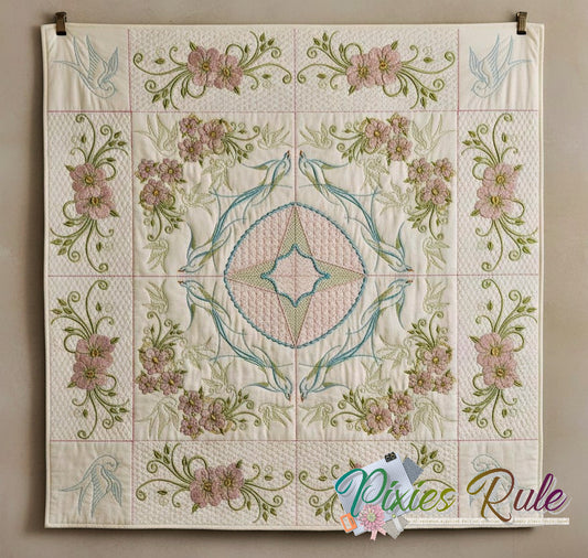 Embroidered quilt with floral and animal designs on a beige background, featuring the brand 'Pixies Rule'.