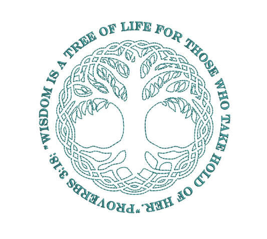 A digital image of a circular Tree of Life design with a proverb in the center, intended for use as a embroidery or crafting pattern.