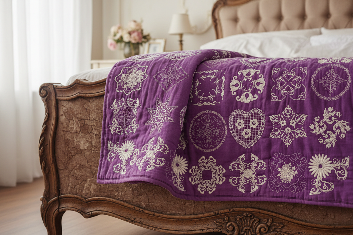 Purple quilt designed with cream colored geometric and flower patterns displayed over antique bed.