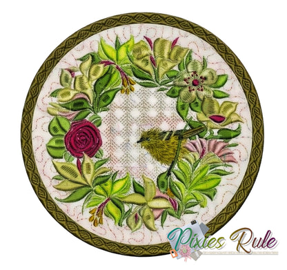 Baby Oriole Wreath Mug Mat 6x6 Machine Embroidery Design by Pixies Rule