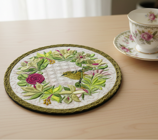 Baby Oriole Wreath Mug Mat 6x6 Machine Embroidery Design by Pixies Rule