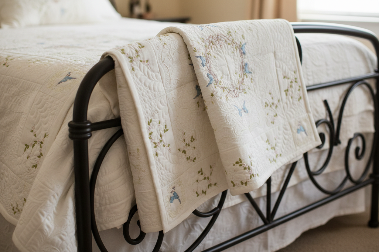 A quilted fabric featuring a floral trail design with butterflies, green leaves, and blue accents, labeled as 'Flower Trails Quilt' and 'Sewn by K.J.