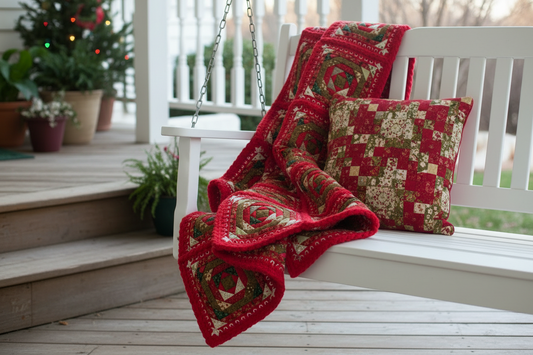 Red and green pineapple mock fusion quilt draped over a white swing on a porch.