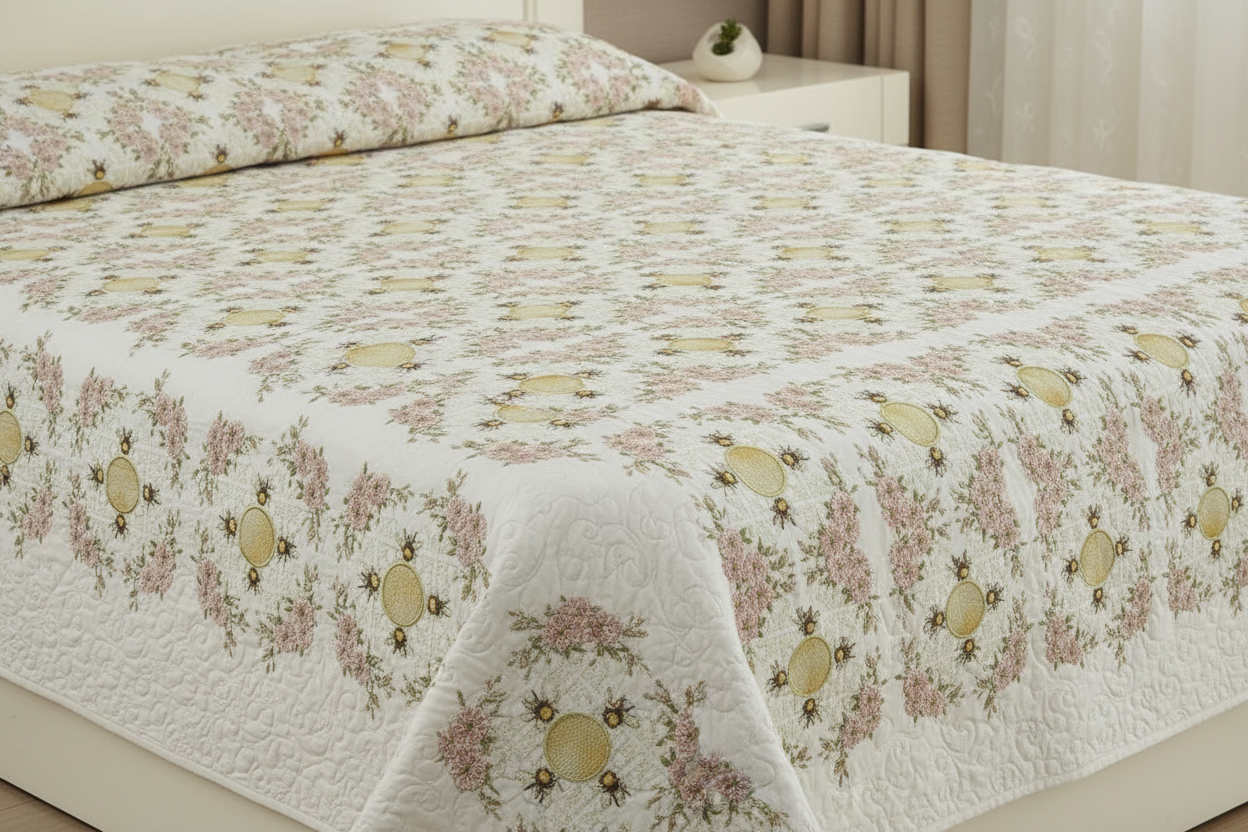 Decorative table runner with floral and bee pattern on a wooden table.