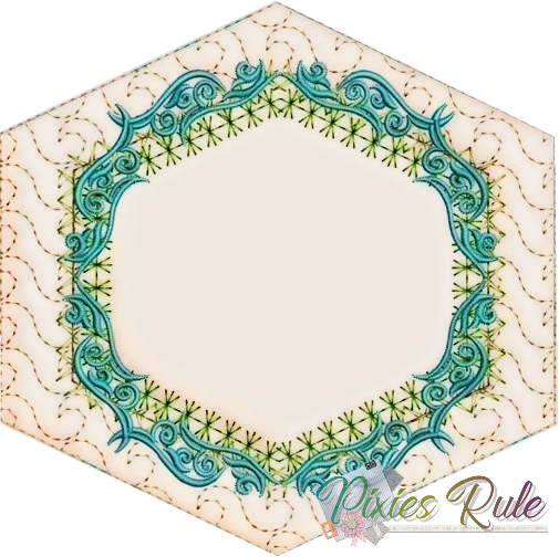 Decorative hexagonal tile with teal and green pattern on a beige background, featuring 'Pixies Rule' branding.