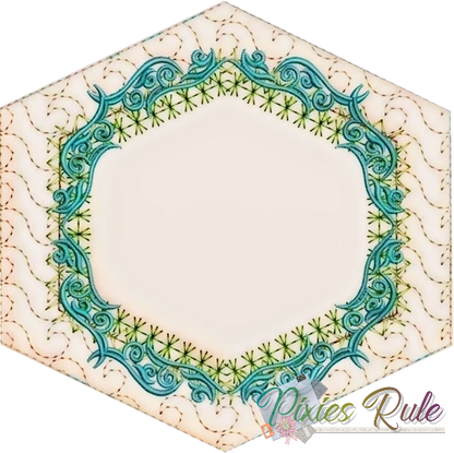 Decorative hexagonal tile with teal and green pattern on a beige background, featuring 'Pixies Rule' branding.