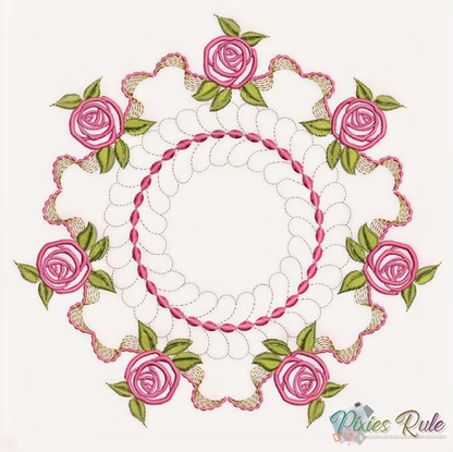 Embroidered design with pink roses and green leaves on a white background
