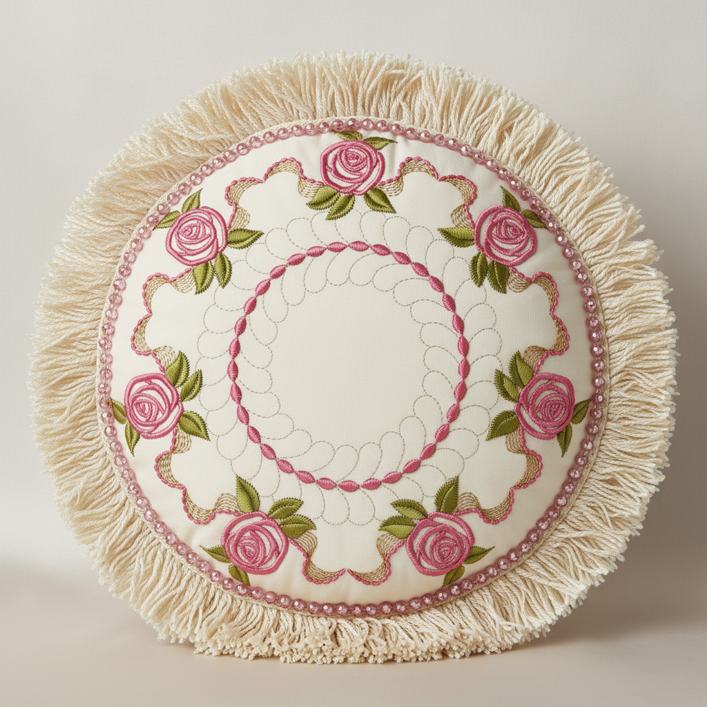 Round embroidered cushion with pink roses and white fringes on a light background