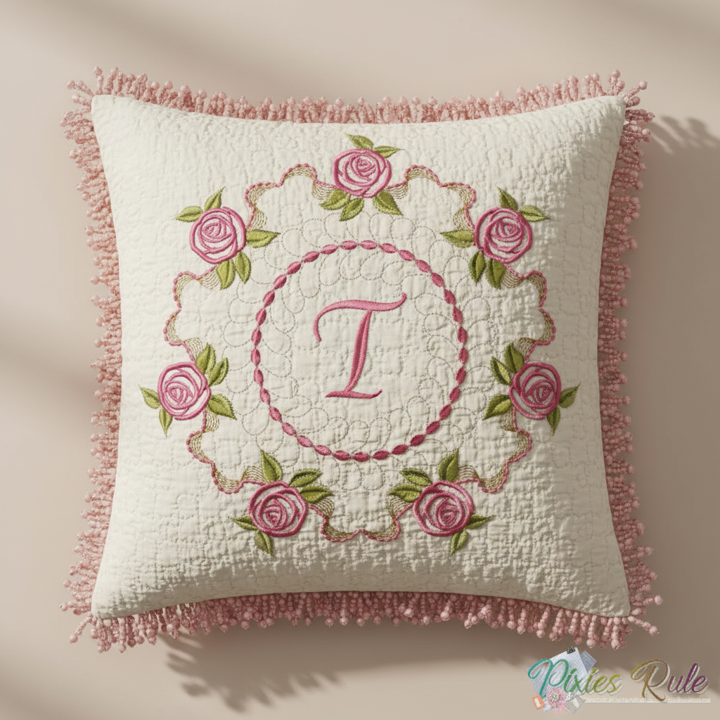Embroidered design with pink roses and green leaves on a white background
