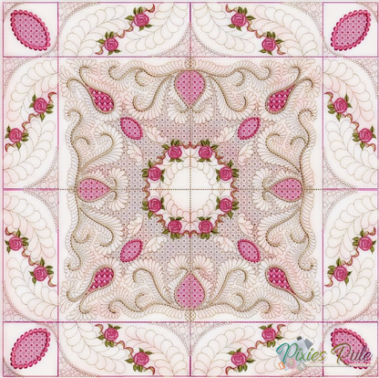 Quilt pattern with pink roses and decorative elements on a white background