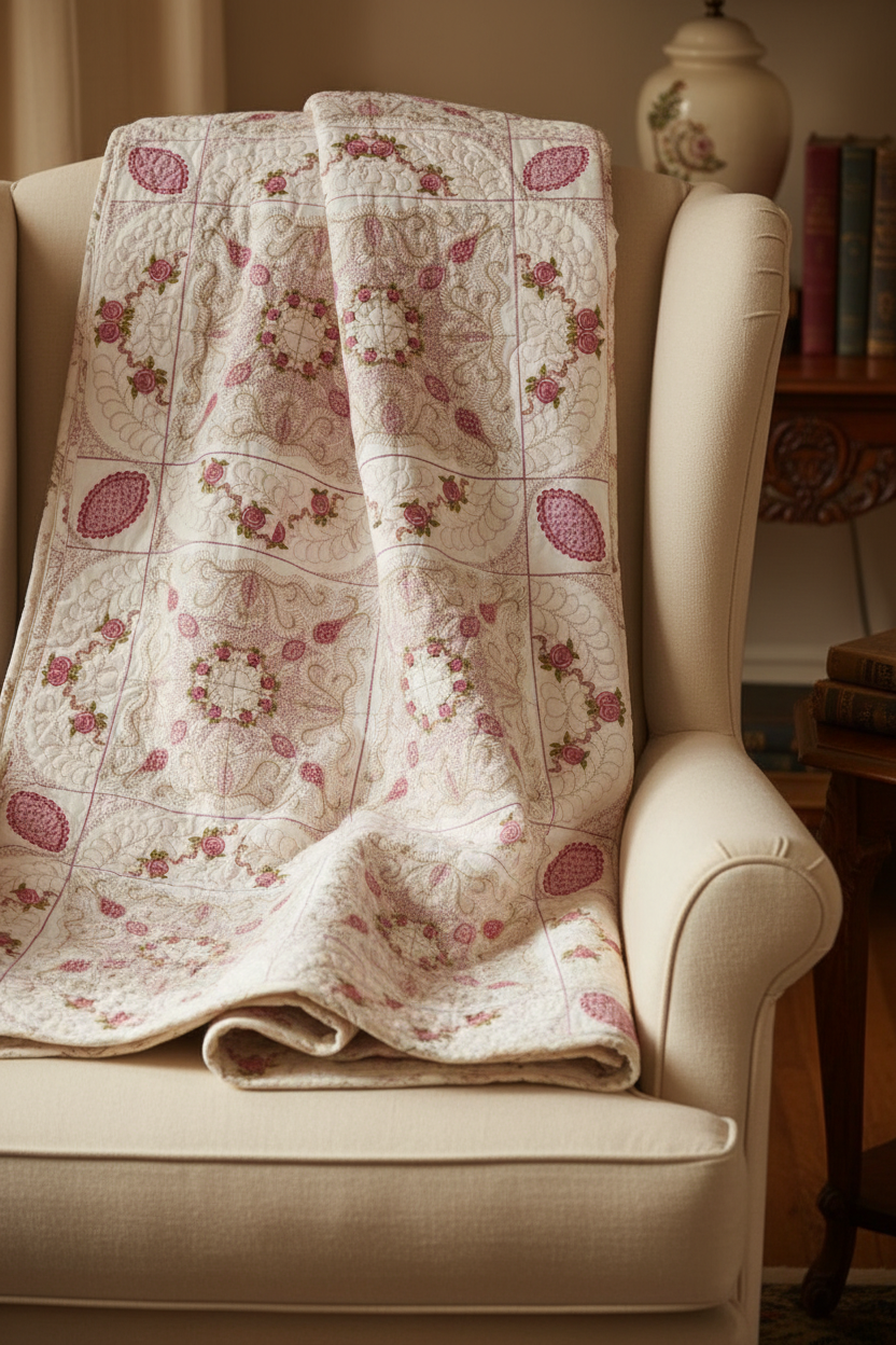 Floral-patterned quilt draped over a beige armchair in a cozy room.