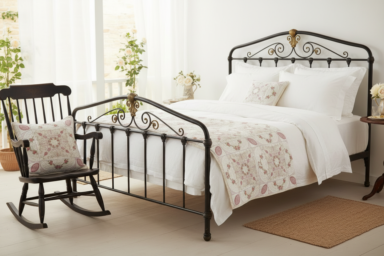 White wicker swing with floral blanket and pillow on a porch