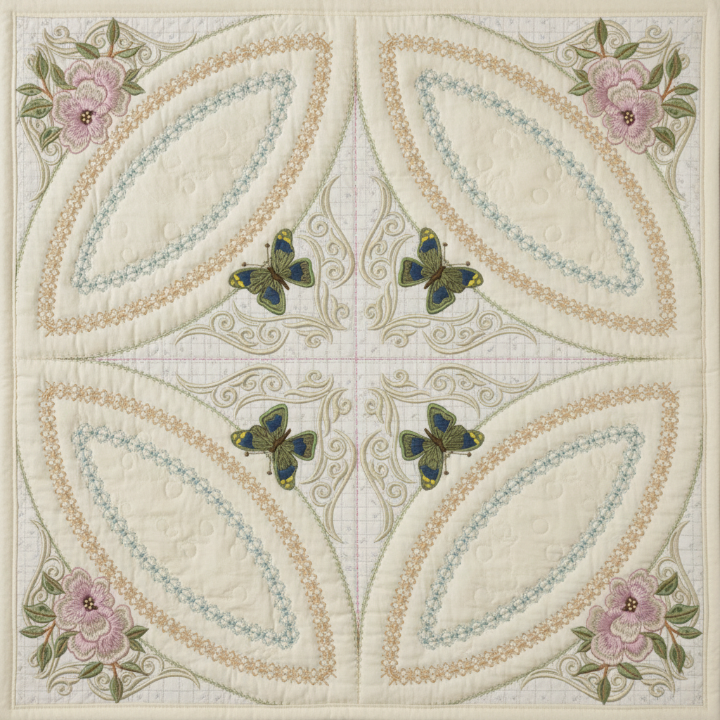 Mock Double Wedding Ring Butterflies & Blossoms Quilt 5x5