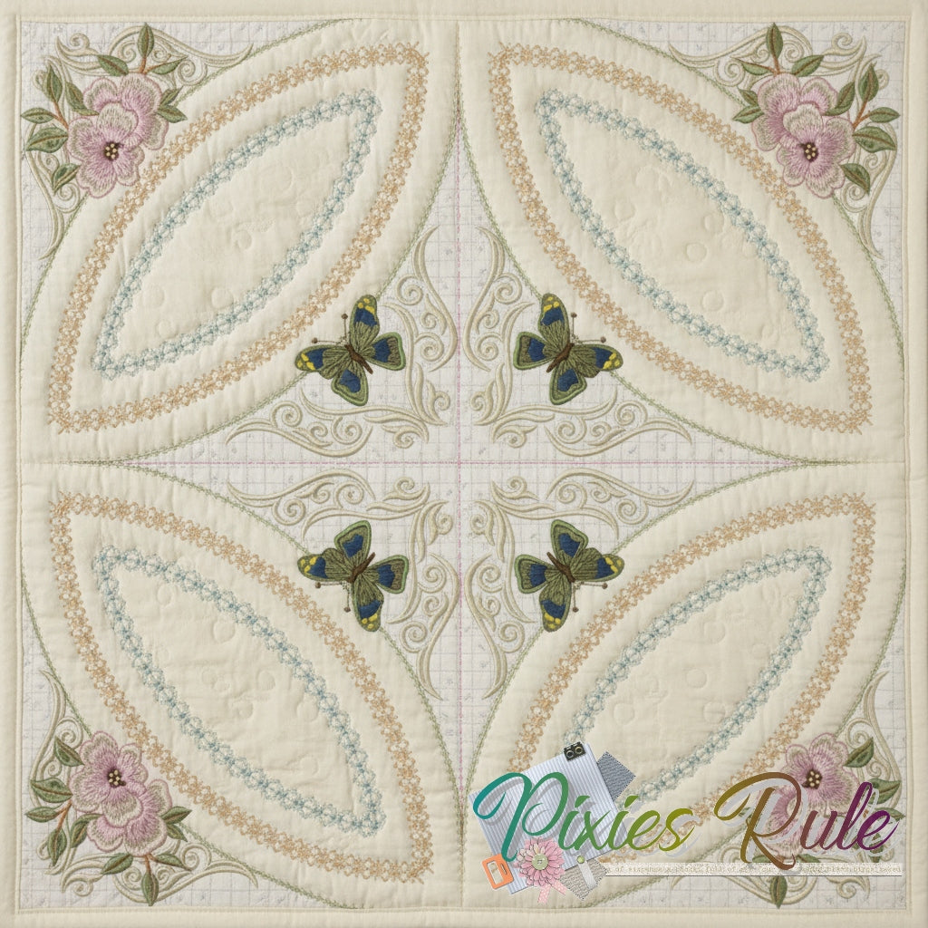 Butterflies & Blossoms Quilt 8x8 Machine Embroidery Design by Pixies Rule