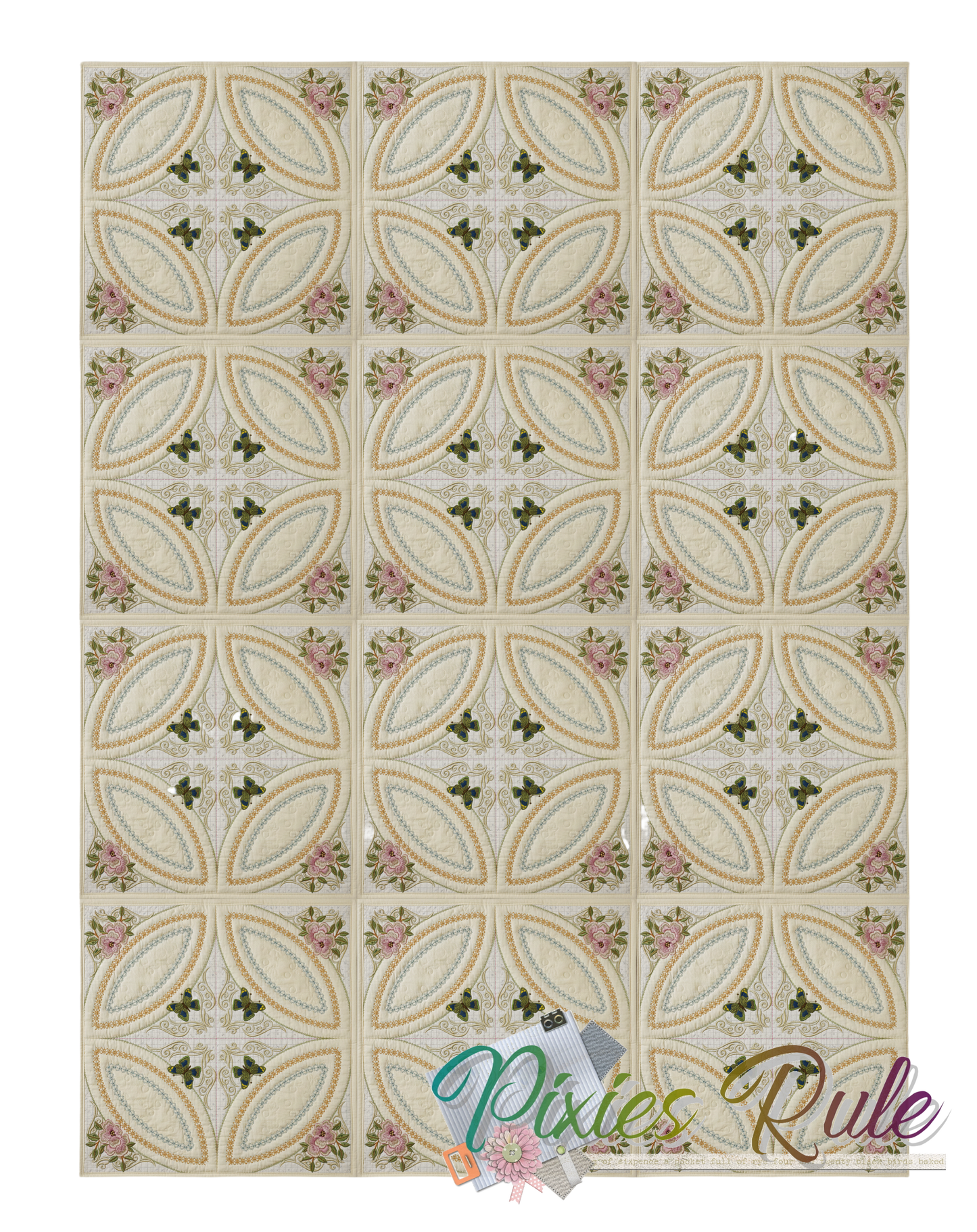 Butterflies & Blossoms Quilt 8x8 Machine Embroidery Design by Pixies Rule