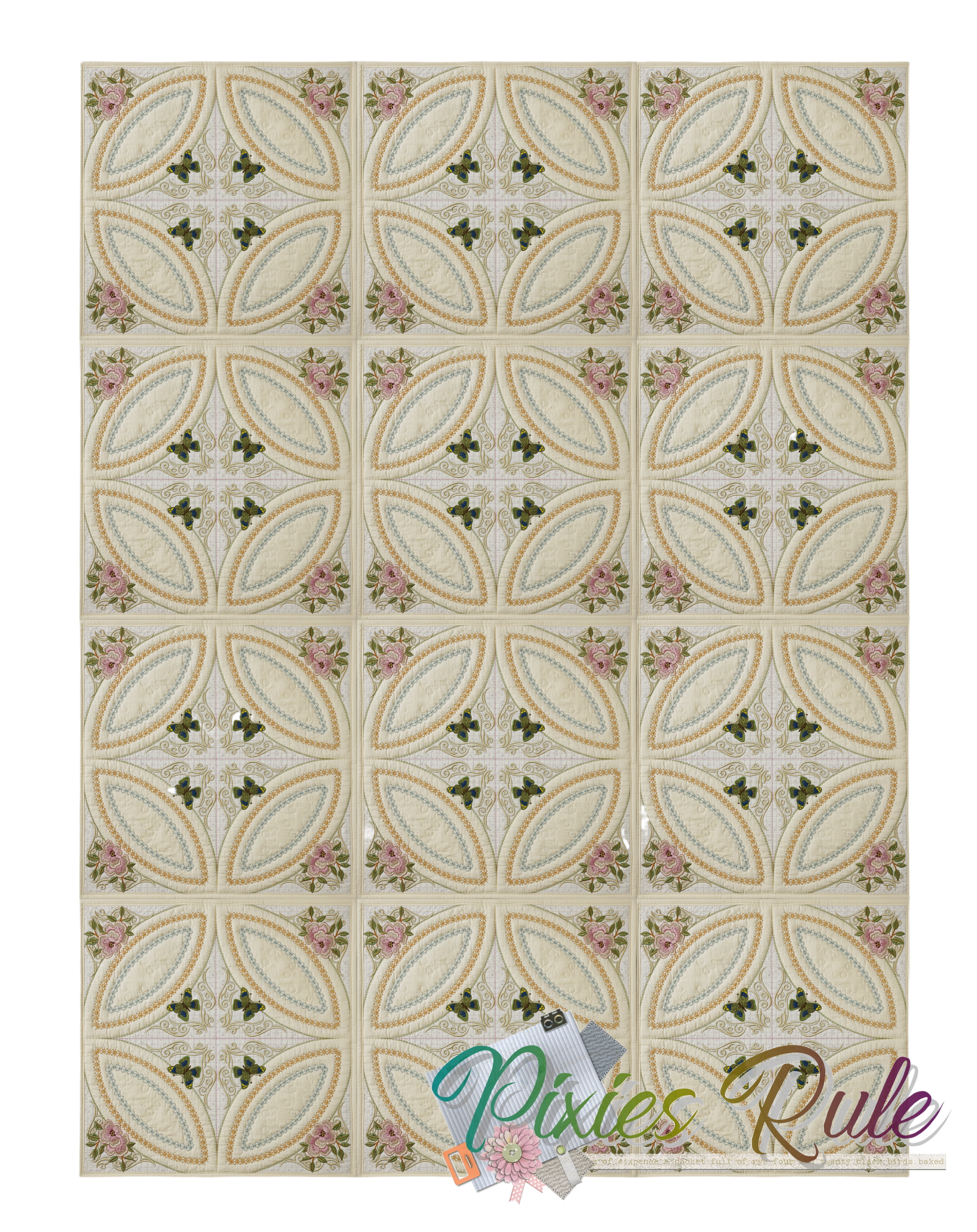 Butterflies & Blossoms Quilt 8x8 Machine Embroidery Design by Pixies Rule