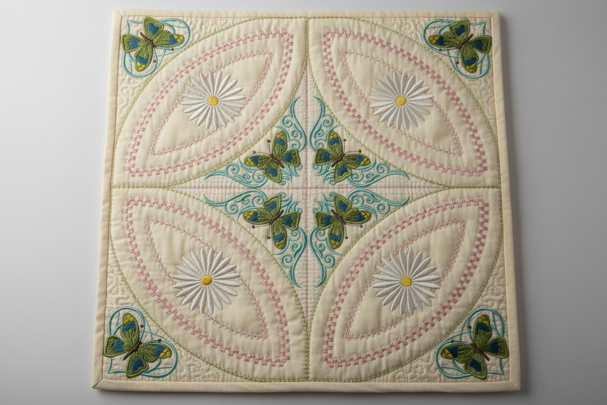 Mock Double Wedding Ring Butterflies Dance Quilt 5x5