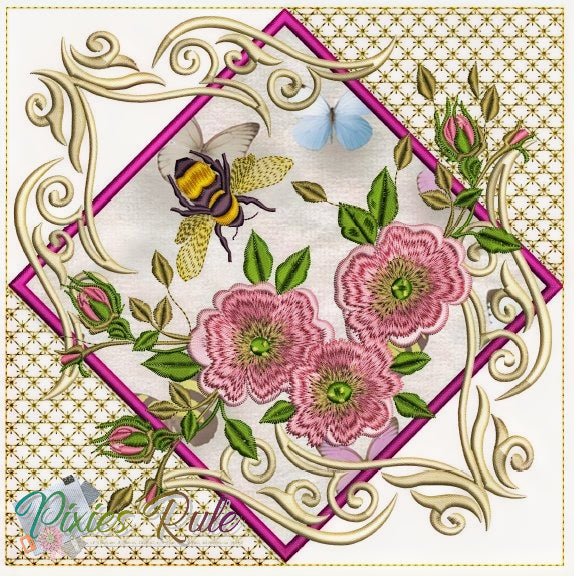 English Garden Quilt 8x8 Machine Embroidery Design by Pixies Rule