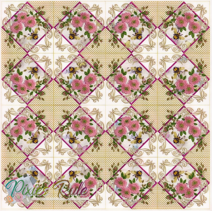 English Garden Quilt 8x8 Machine Embroidery Design by Pixies Rule