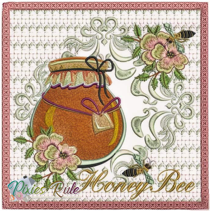 Honey Bee Mug Mat 8x8 Machine Embroidery Design by Pixies Rule