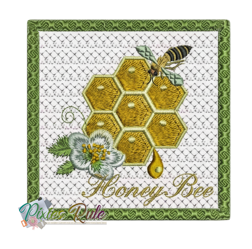 Honeybee Coaster Square Machine Embroidery Design by Pixies Rule