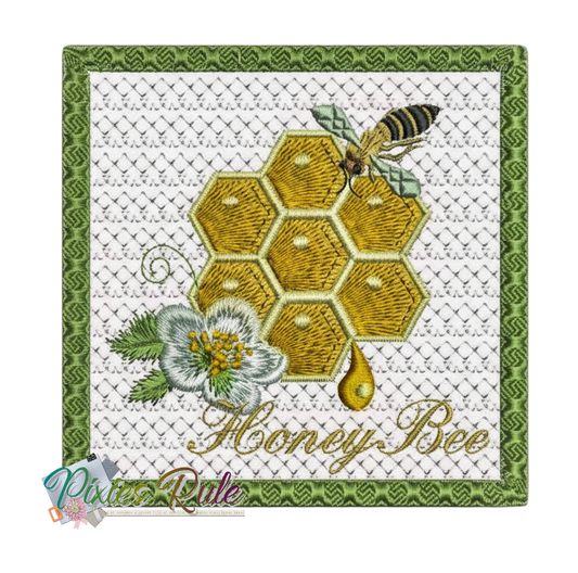 Honeybee Coaster Square Machine Embroidery Design by Pixies Rule