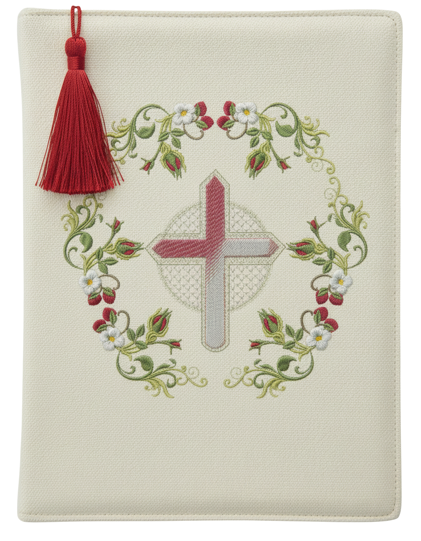 Decorative book with embroidered cross and floral design on a white background