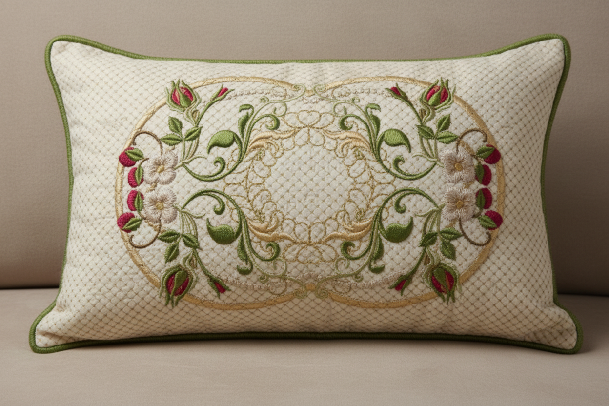 Decorative pillow with floral embroidery on a beige background