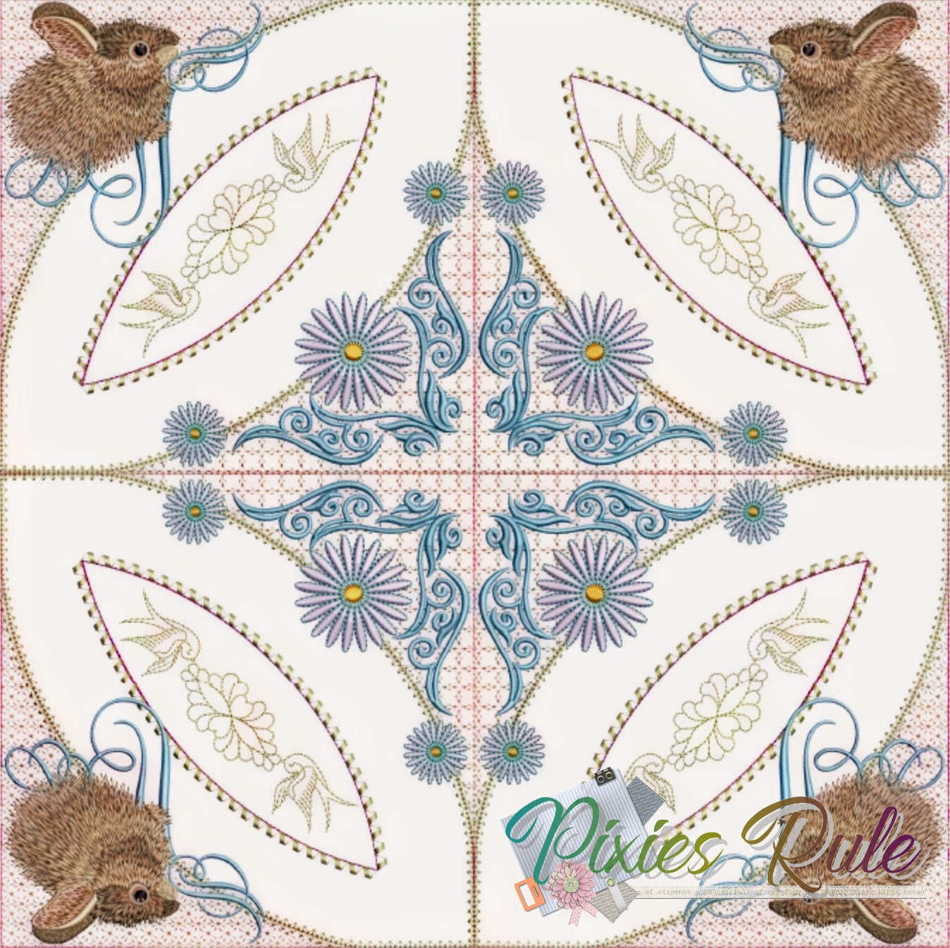 Bunny Dance Quilt 8x8 Machine Embroidery Design by Pixies Rule