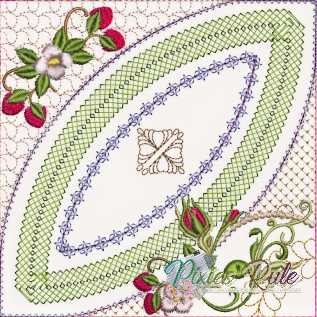Berries & Blooms Quilt 6x6 Machine Embroidery Design by Pixies Rule