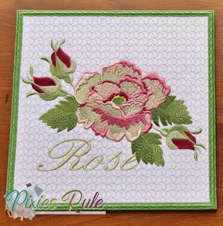 Cabbage Rose Mug Mat Machine Embroidery Design by Pixies Rule