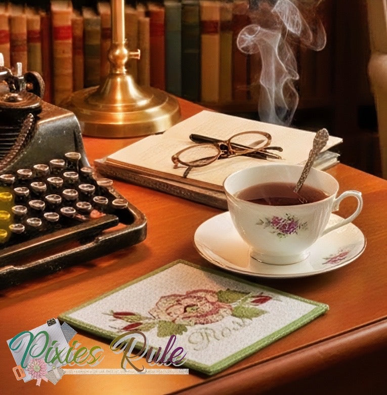 Cabbage Rose Mug Mat Machine Embroidery Design by Pixies Rule