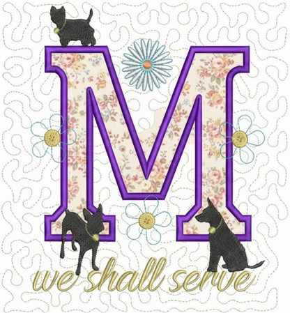 Purple letter 'M' with black dogs and flowers on a white background