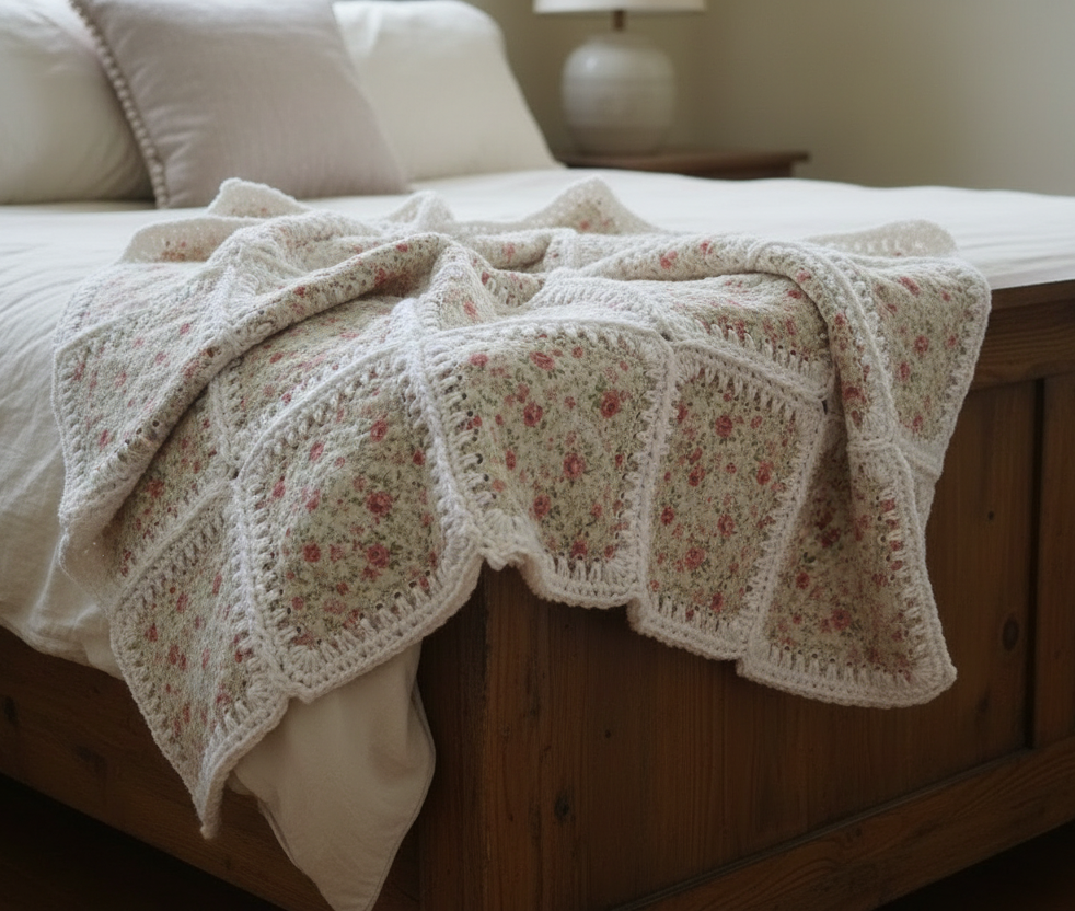 Floral-patterned crocheted blanket on a wooden bed with a lamp in the background.
