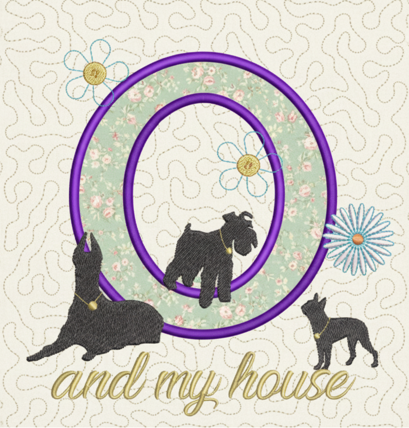 Embroidery design with dogs, a purple hoop, and flowers on a white background.