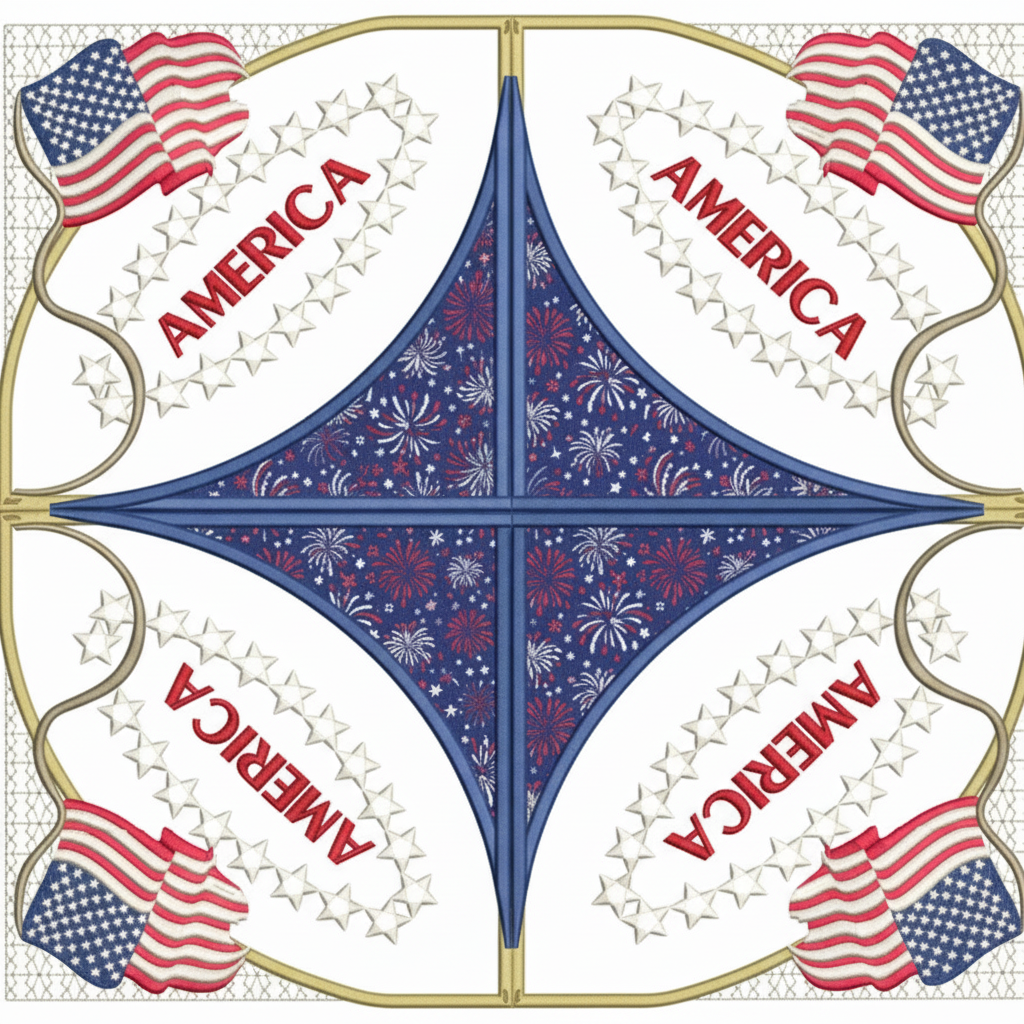 Decorative design with American flags and 'America' text around a central blue starburst pattern.