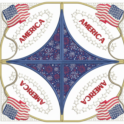 Decorative design with American flags and 'America' text around a central blue starburst pattern.