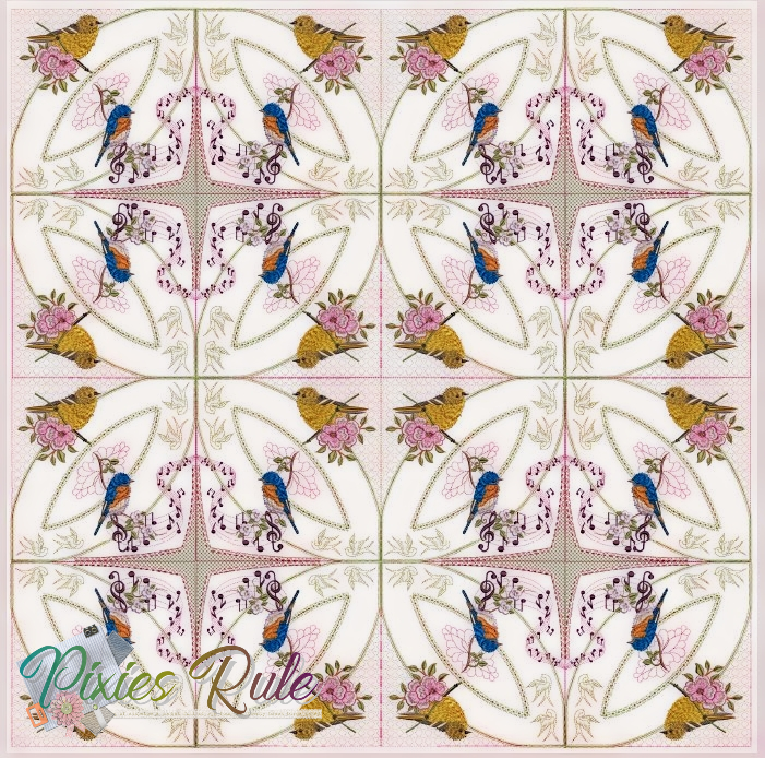 Songbird Joy Quilt 8x8 Machine Embroidery Design by Pixies Rule