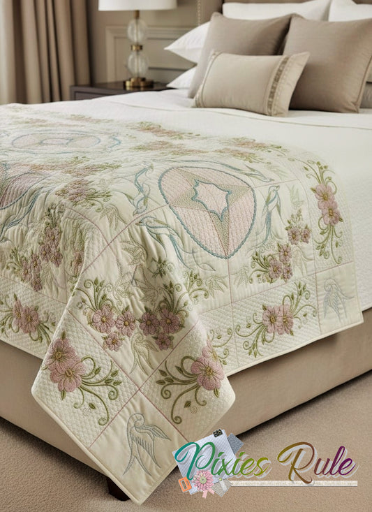 Floral patterned quilt on a bed with 'Pixies Rule' branding.