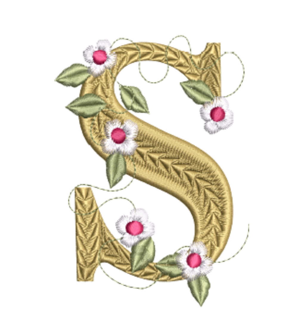 Decorative letter 'S' with floral elements on a white background