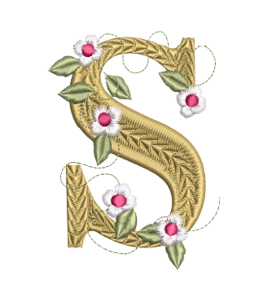 Decorative letter 'S' with floral elements on a white background