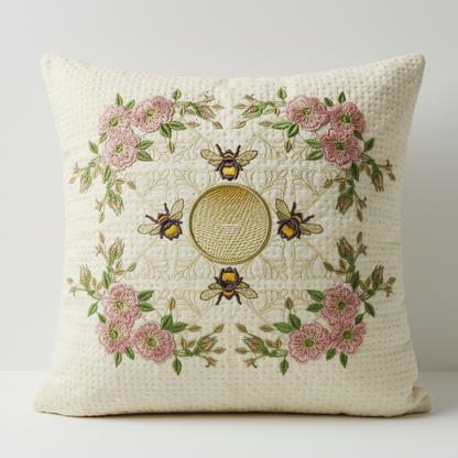 Decorative heirloom embroidery with floral and bee pattern on a white background