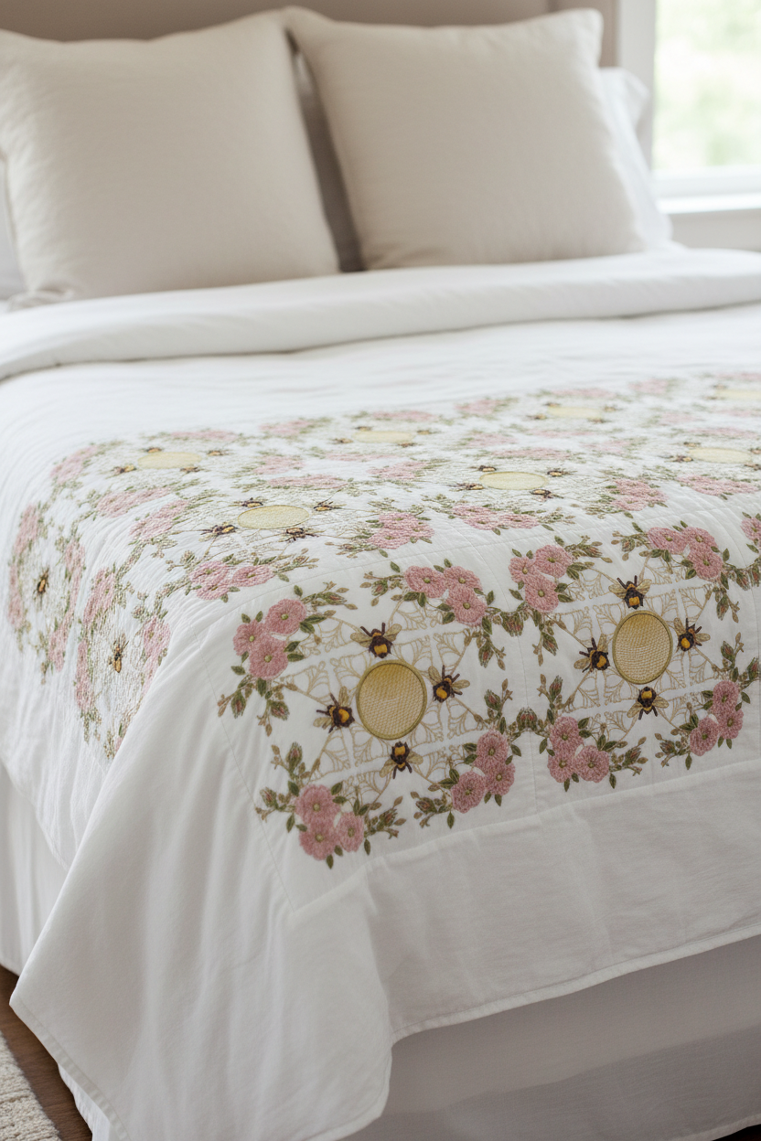Decorative tablecloth with floral and bee pattern on a white background
